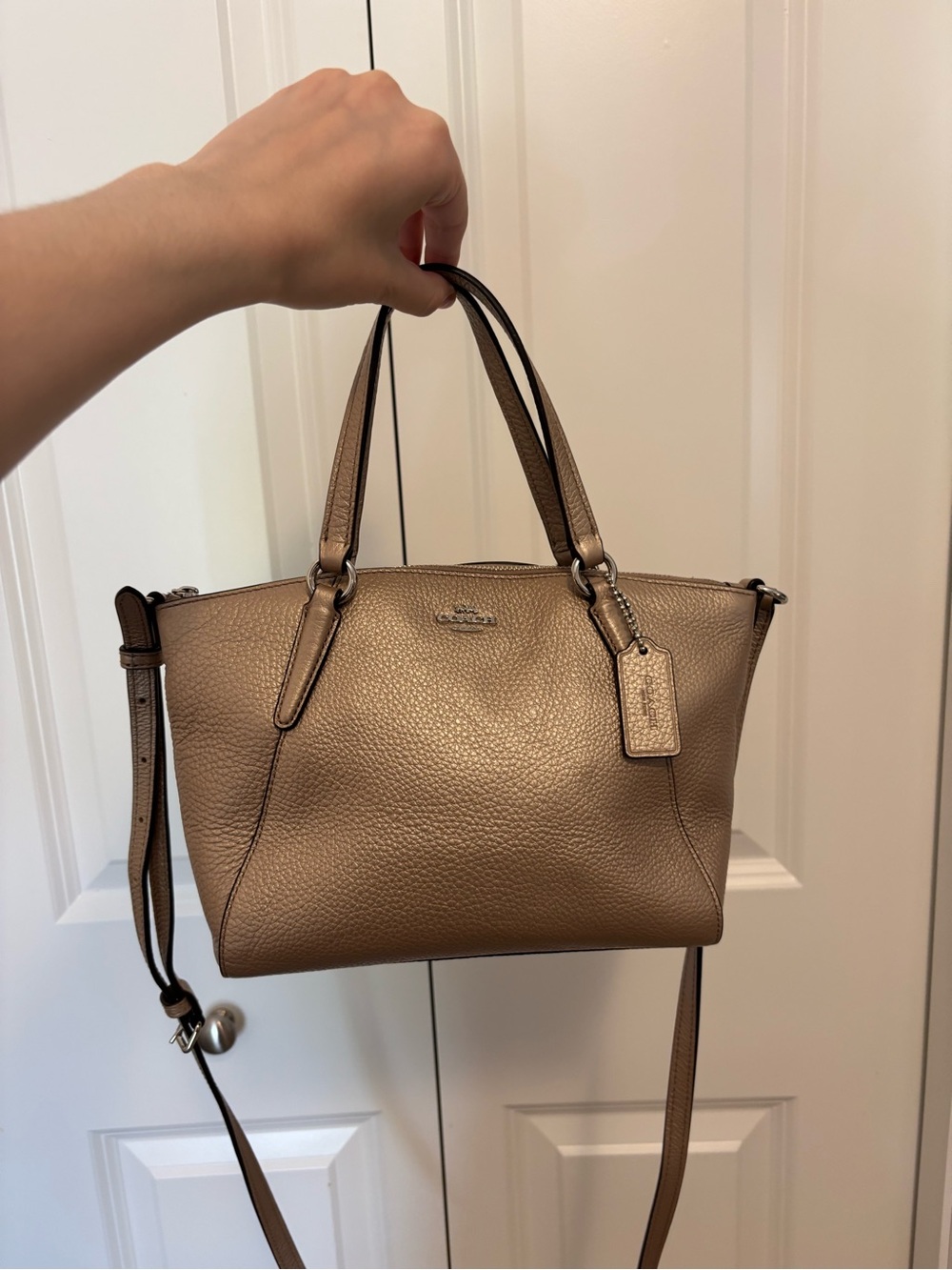 Coach Metallic Taupe Pebbled Leather Crossbody Satchel